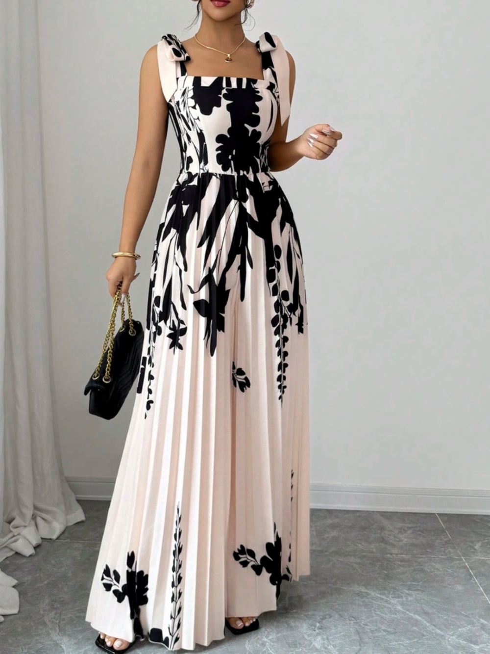 Boho Floral Print Shoulder Tie Pleated Wide Leg Jumpsuit